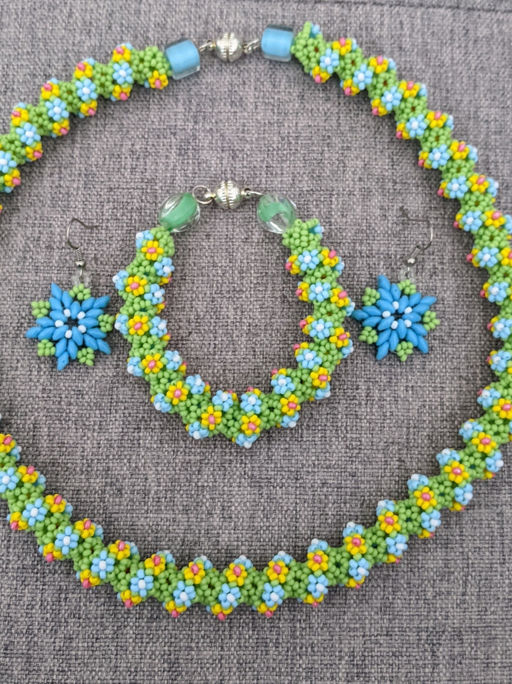 Handmade Green and Blue Floral Seed Bead Necklace and Bracelet Set
